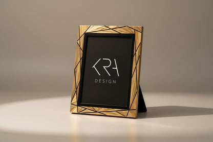 Kra Design Aurelia straw marquetry photo frame with geometric detailing and a black insert.