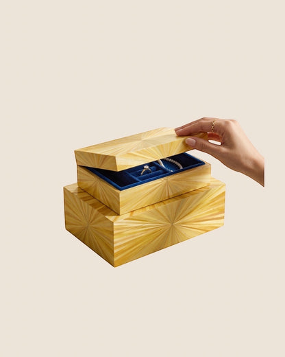 Kra Design decorative wooden jewelry box set with sunburst veneer and blue velvet lining. Nesting boxes for jewelry organization.