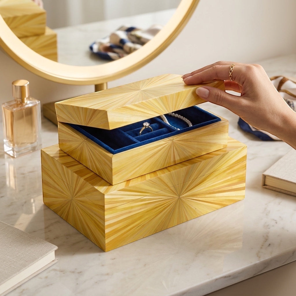 Kra Design decorative wooden jewelry box set with sunburst veneer and blue velvet interior, nesting design.