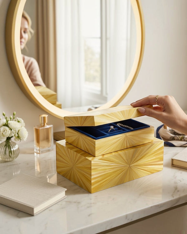 Kra Design decorative wooden jewelry box set with sunburst veneer and blue velvet lining. Nesting boxes for jewelry storage.